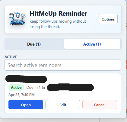 HitMeUp active reminders interface in Thunderbird.