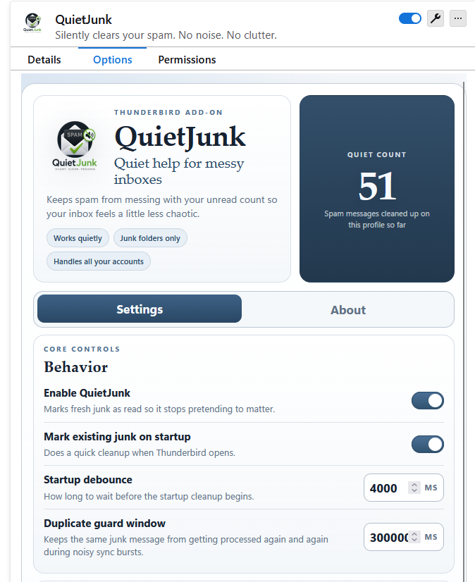QuietJunk options screen for Thunderbird.