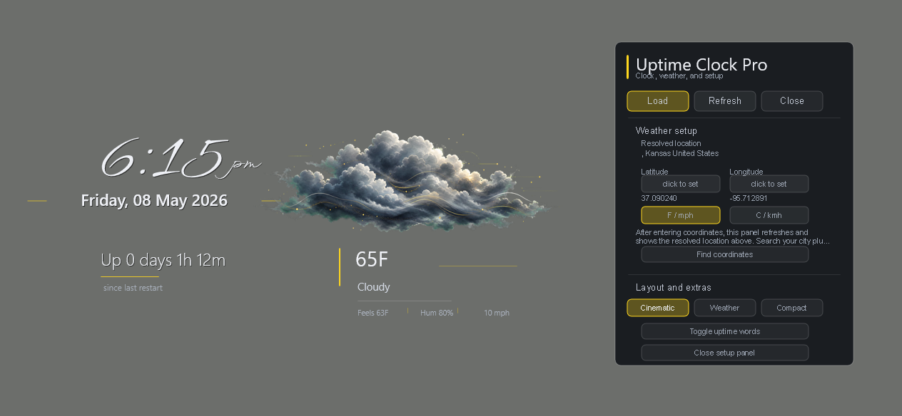 Uptime Clock Pro cinematic Rainmeter clock and weather layout.