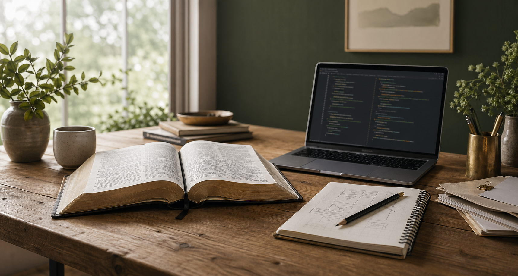 An open Bible on a workbench beside a laptop, notebook, and project papers.